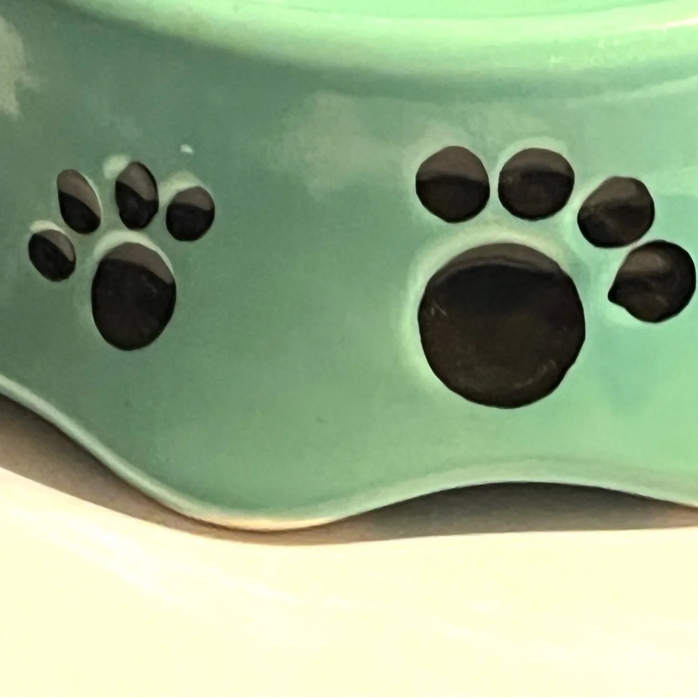 Pottery cat bowl robin egg blue fish paw prints scallop bottom unique whimsical